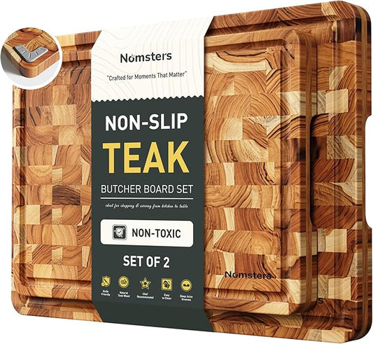 Teak Wood End Grain Cutting Board Set of 2 with Non-slip Feet, Reversible Cutting Boards for Kitchen with Juice Grooves and Handles Non Toxic Chopping Board Butcher Block Serving Tray Kitchen Gift