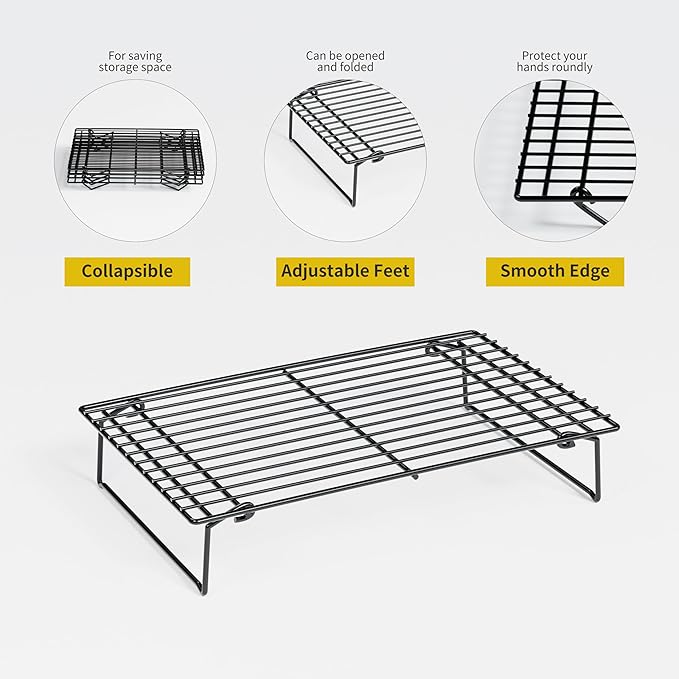 4PCS Cooling Racks for Cooking and Baking, Collapsible 4 Tiers 10"X16" Cool Batches of Cookies, Non-Stick & BPA-Free, Oven and Dishwasher Safe (Black-202)
