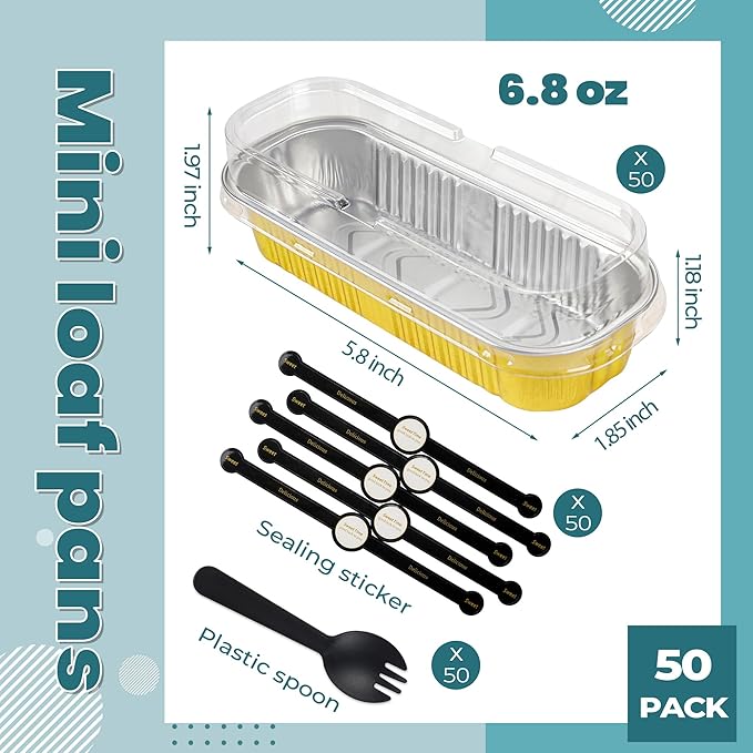 50 Pack Mini Loaf Pans with Lids Rectangle Individual Cake Pans Aluminum Foil Pans for Large Gatherings Picnics Vacations Parties(Gold, 6.8 OZ)