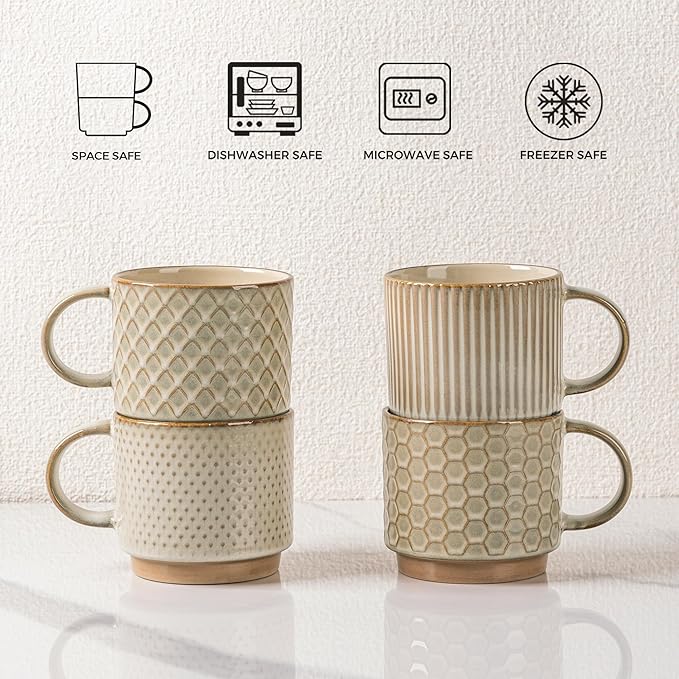 GBhome 12OZ Stackable Coffee Mugs, Ceramic Coffee Mugs with Texture Patterns for Man,Woman,Dad,Mom, Modern Coffee Mugs Set of 4 for Latte/Cappuccino/Cocoa. Dishwasher&Microwave Safe, Pale Khaki