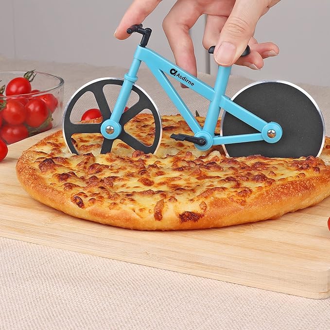 Pizza Cutter, Bicycle Pizza Cutter Wheel with Non-Stick Stainless Steel Super Sharp Blades, Novelty Gift, 7.5", Blue