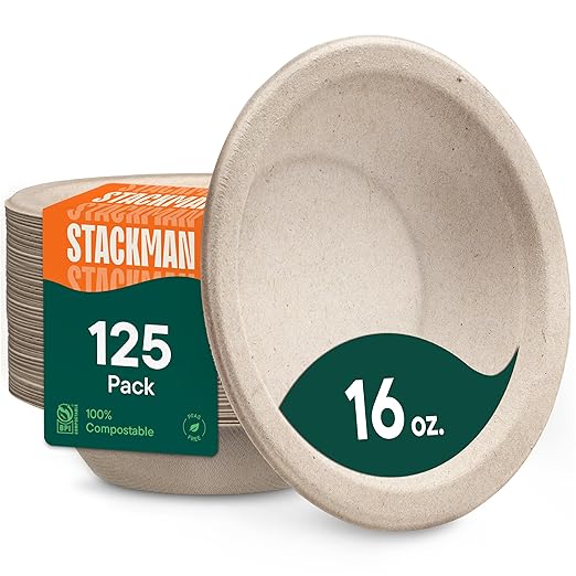 Paper Bowls, 100% Compostable Disposable Soup Bowl [125-Pack] - PFAS-Free - BPI Certified - [16 oz] Heavy Duty, Eco-Friendly, Biodegradable Bagasse Hot Food Plates and Bowls - Natural Brown
