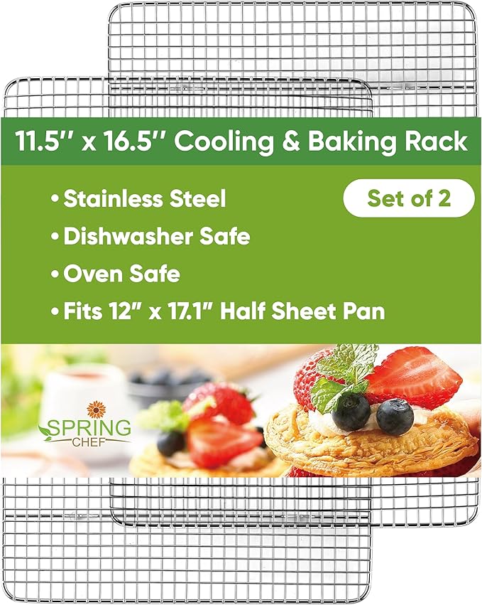 Spring Chef 11.5 x 16.5 Inch Stainless Steel Cooling Racks for Cooling & Baking - Oven Safe - Wire Roasting Racks for Oven Use - Fits Half Sheet Cookie Pan - Dishwasher Safe - Set of 2
