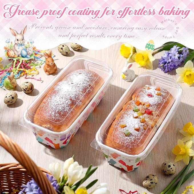 LemonRoad 100 Pcs Easter Bunny Mini Loaf Pans with Lids 6.3 x 2.2 x 2.2 Inch Disposable Paper Baking Pans Bulk, Easter Baby Shower Baking Party Supplies for Cake Bread Oven Bakery