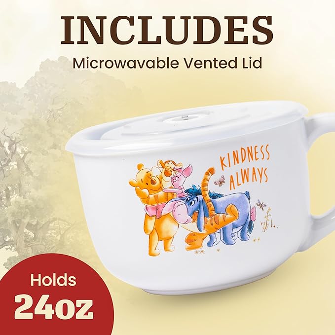 Silver Buffalo Disney Winnie the Pooh Kindness Always Featuring Eeyore, Tigger, and Piglet Ceramic Soup Mug with Vented Plastic Lid, 24 Ounces