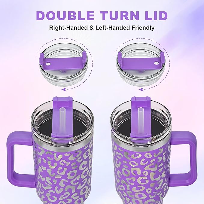 40 oz Tumbler with Handle and Straw, 100% Leak-Proof Travel Mug, Stainless Steel Double Wall Vacuum Insulated Coffee Cup Keeps Cold For 34 Hours, Dishwasher Safe, Purple Leopard