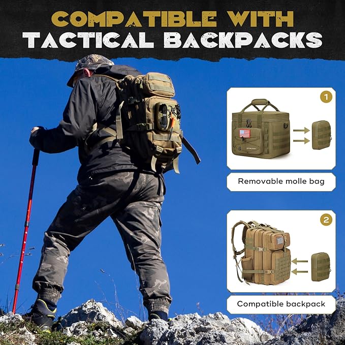 Maelstrom Tactical Lunch Box, Insulated Lunch Bag for Men, Large Durable Leakproof Cooler Bag with Detachable MOLLE Bags, Modern Lunch Tote for Adult Women Work,Picnic,20 Cans/15 L, Khaki