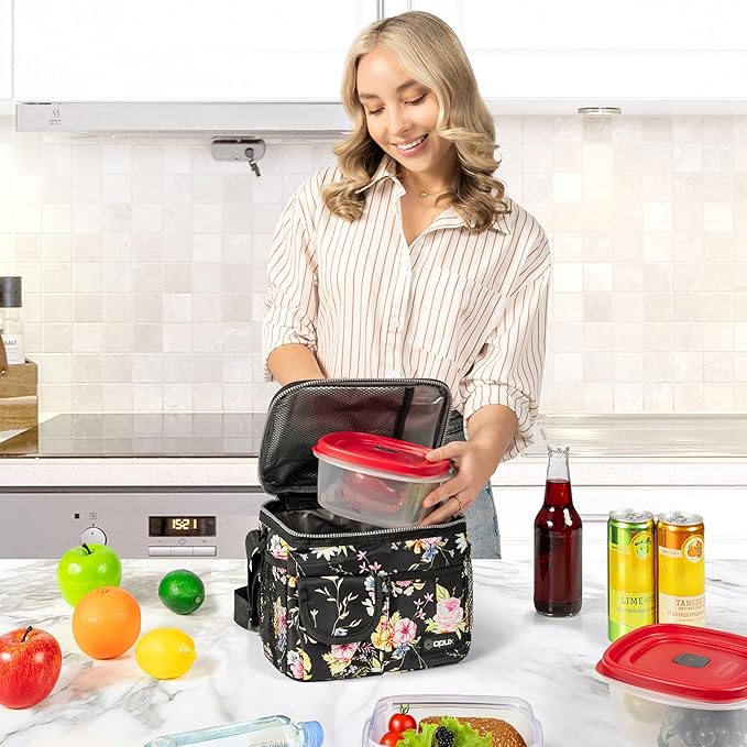 opux Insulated Lunch Bag for Men Women, Leakproof Floral Black Lunch Box for Work, Portable Soft Lunch Cooler Bag with Shoulder Strap, Adult Lunchbox Lunch Pail for Kid Boy Girl School, 14 Can/8L