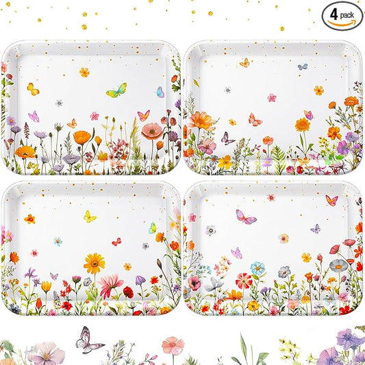4 Pieces Wildflower Serving Trays Flower Melamine Platters Reusable Rectangle Party Trays for Spring Summer Floral Theme Party Food Dessert Serving Supplies, 13 x 9.7 inch