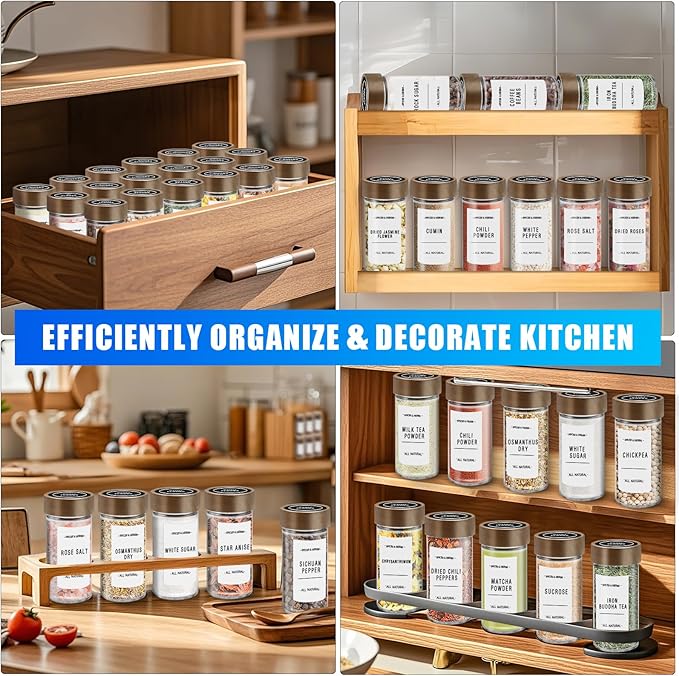 VIBRATITE 12 Pack Spice Jars with Acacia Lids, 4 oz Round Glass Jars Spice Containers Set with Labels, Pen, Funnel, Seasoning Storage Bottles with Shaker Lids for Rack, Cabinet, Drawer