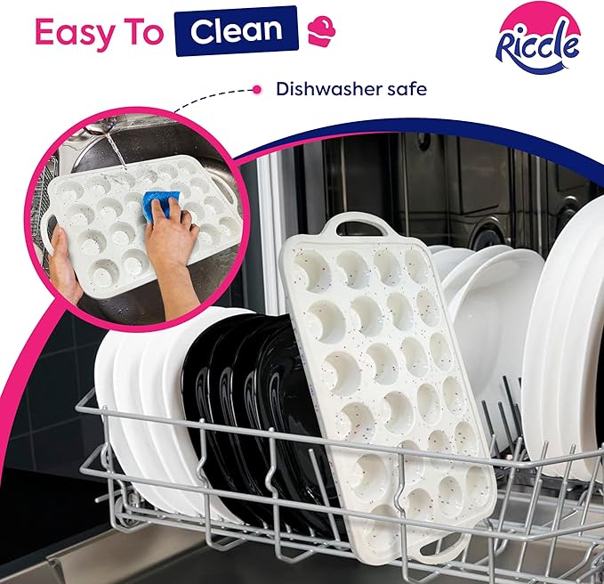 RICCLE 2 Pack Silicone Mini Muffin Pans for Baking with Metal Reinforced Frame, 24-Cup Mini Muffin Pan, Mini Cupcake Pans, Silicone Muffin Pan for Baking Egg Bites - Oven & Dishwasher Safe, BPA-Free