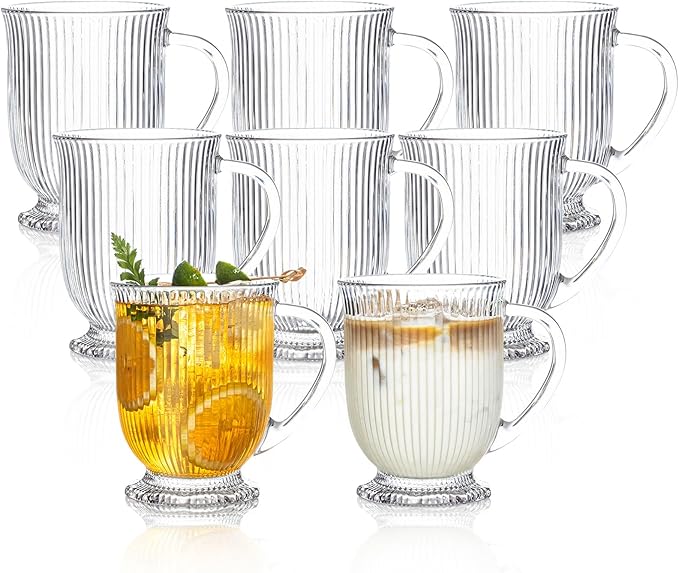 Glass Coffee Mugs Set of 8, Ribbed Large Coffee Mug 16 Oz With Handles for Hot Beverages, Clear Mugs for Tea, Cappuccino, Latte, Espresso Coffee, Glass Coffee Cups Large Coffee Mug, for Hot Beverages