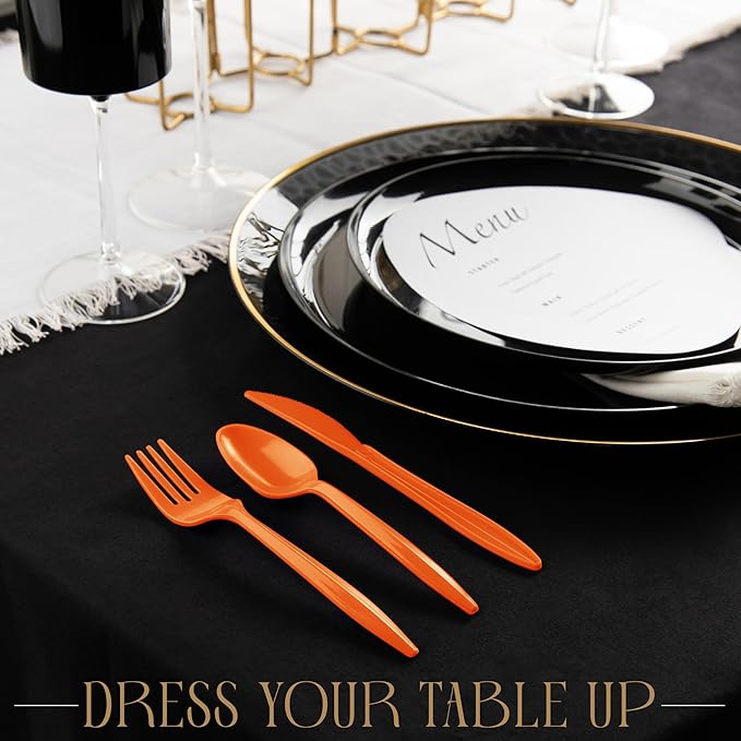 PLASTICPRO 400 Pack Disposable Plastic Utensils Assorted Colored Cutlery Combo Set Forks Spoons Knives Silverware, Orange Plastic Cutlery for Parties