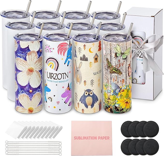 12 Pack 20oz Sublimation Tumbler Skinny Straight Bulk, Stainless Steel Double-Walled Insulated Sublimation Tumbler Blank for Heat Transfer, Gift Box