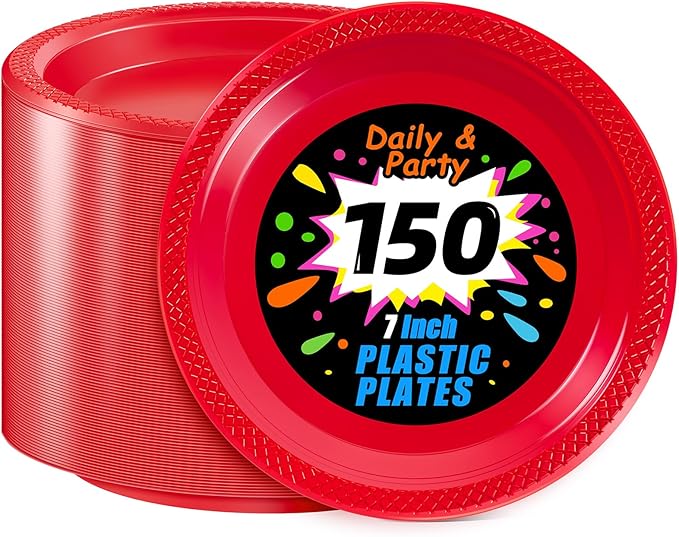 WELLIFE 7 Inch Red Dessert Plates 150 Count, Red Plastic Disposable Party Plates for Dessert Cake Appetizers Salad Easter Mother's Day