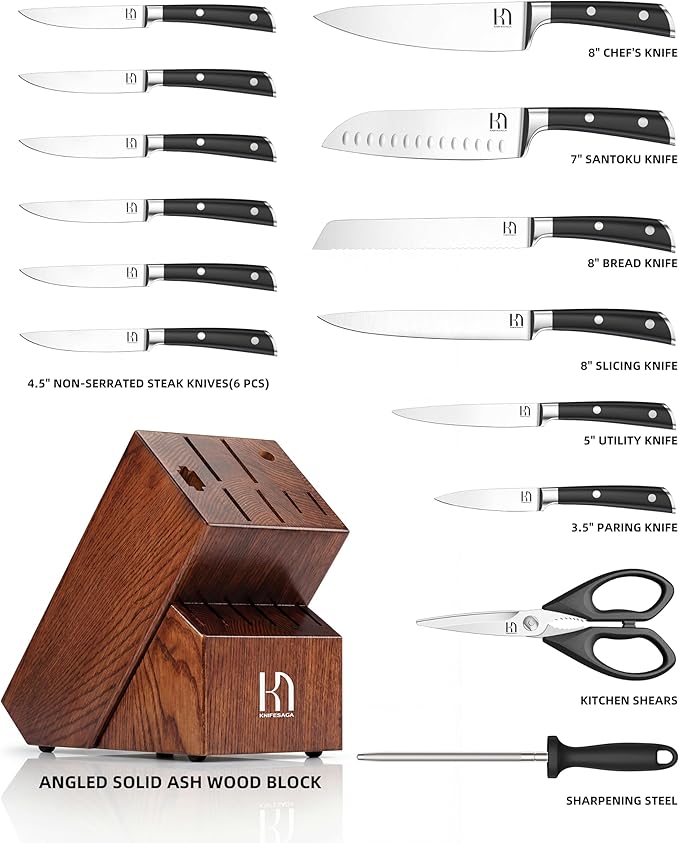 Knife Set, 15 Pcs Kitchen Knife Block Set, Enduring Razor-Sharp High Carbon Stainless Steel Chef Knife Set with Block and Sharpener, Premium Knives Set for Kitchen, Ash Wood Valentine's Gift