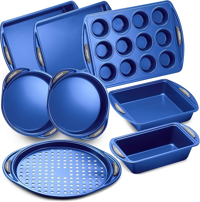 Caliente Nonstick Bakeware Set of 8 | Premium Baking Sheets, Loaf & Bread Baking Pans, Pizza, Roasting & Cake Pans | Durable Carbon Steel Baking Set | Housewarming, Wedding, Chefs & Bakers Gift