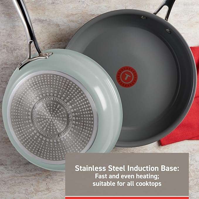 T-fal Ceramic Non-Stick Induction, 10.5 and 12 Inch 2 piece Frypan Set, Mint Green