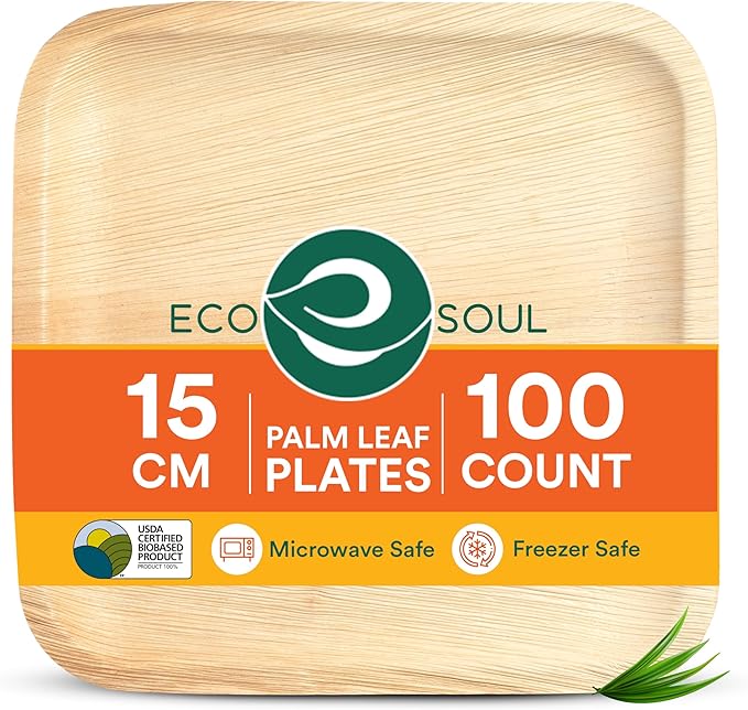 ECO SOUL Palm Leaf Like Bamboo Plates, 6 Inch Square, 100 Pack Bulk Disposable Appetizer & Dessert Tableware, Compostable Biodegradable Natural Wooden Small Party Plates for Wedding, Catering, Events