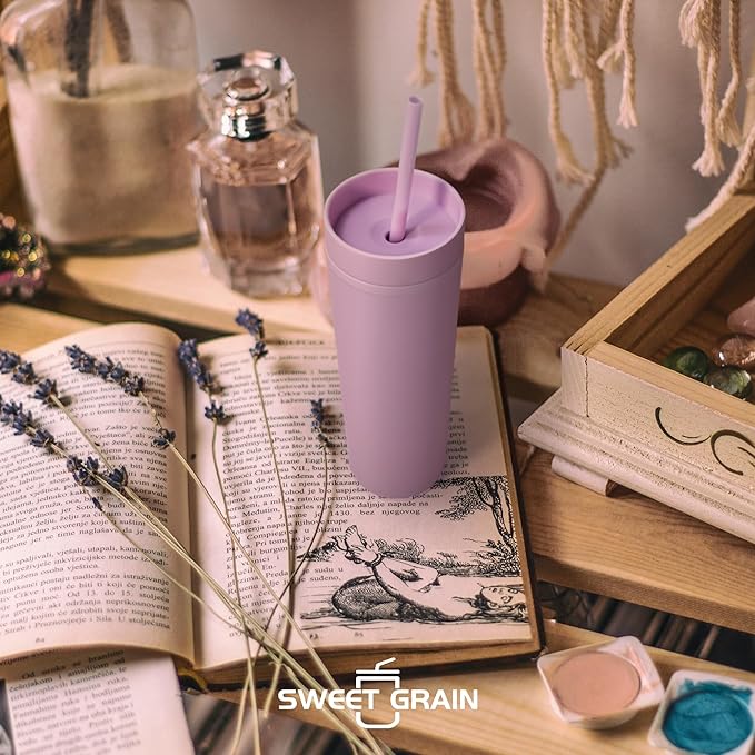 sweet grain Skinny Tumblers with Lids and Straws(6 Pack) - 16oz Matte Pastel Colored Skinny Acrylic Tumblers, Double Wall Plastic Tall Skinny Tumblers Bulk for Cold Hot Drinks - Purple