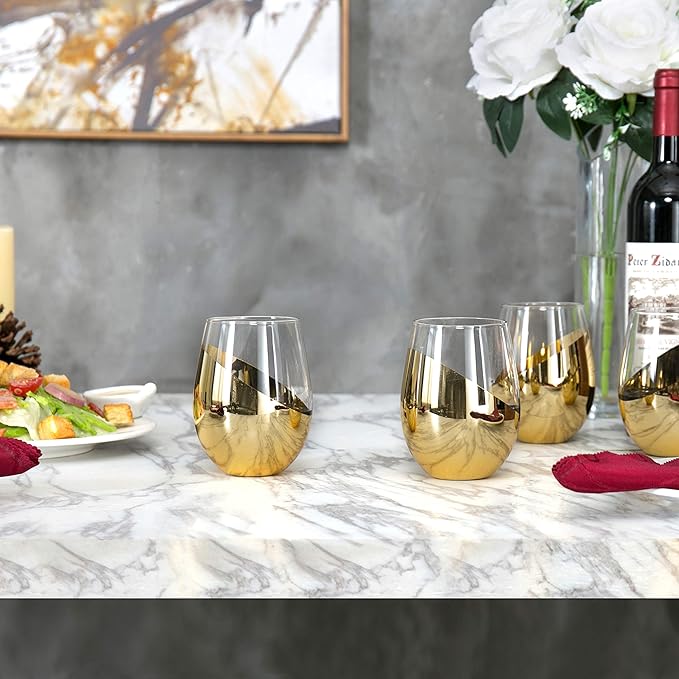 MyGift Luxury Stemless Wine Glasses Gift Set of 4 Modern Brass Accent Barware, Elegant Red Wine Glasses for Anniversary & Wedding Gifts