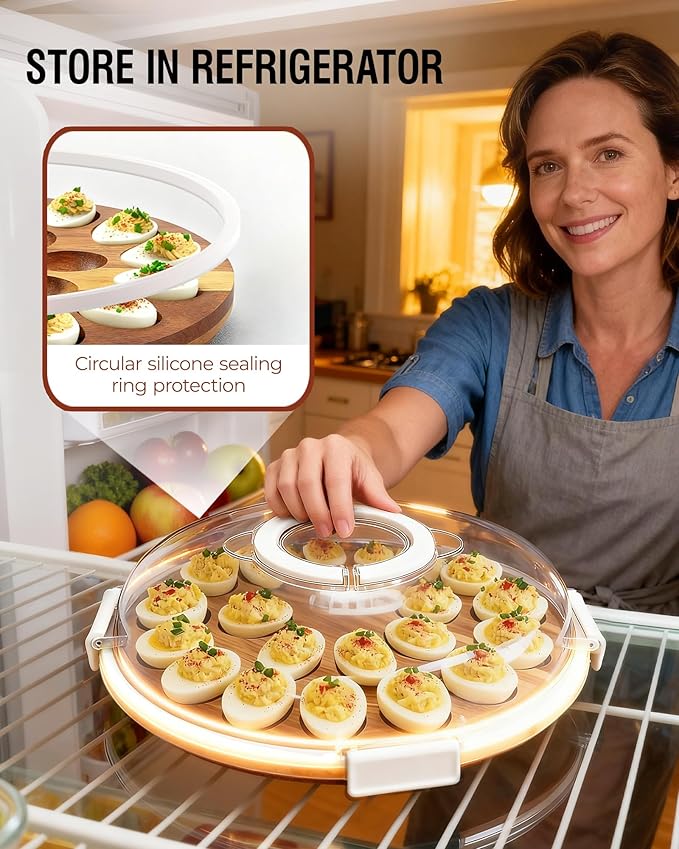 Deviled Egg Containers with Lid, Easter Gifts Set (24 Eggs), 2026 Upgraded Acacia Wooden Deviled Egg Tray Platter for Party and Home Kitchen, The Lid is Dishwasher Safe (White)