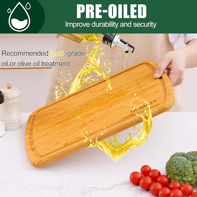 Homaxy Large Bamboo Cutting Boards for Kitchen,14.5x11.5" Wood L Cutting Board with Juice Groove, Wooden Butcher Block Chopping Board for Kitchen, Meat, Cheese, Fruit & Vegetables - Pre Oiled