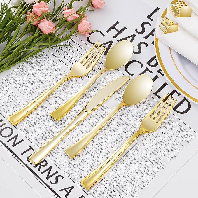 Goodluck 50 Pack Pre Rolled Gold Plastic Silverware, Wrapped Plastic Cutlery Set with Napkin Include 50 Forks, 50 Knives, 50 Spoons and 50 Napkins, Fancy Disposable Silverware for Party, Wedding