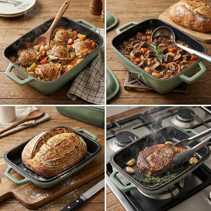 Oval Cast Iron Dutch Oven for Bread Baking 12x8 Inch Enameled Bread Pan with Lid 6QT Cast Iron Bread Dutch Oven for Sourdough，Green