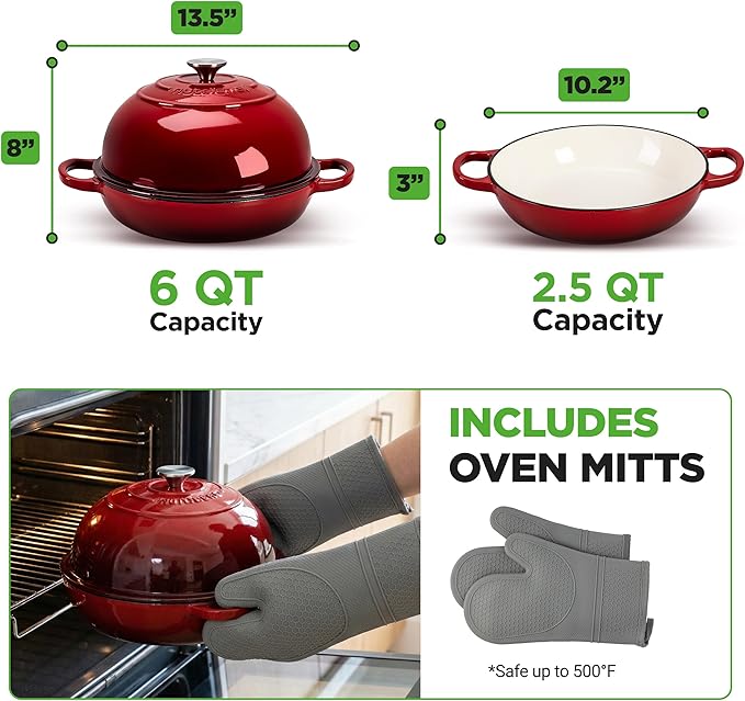 NutriChef 10.2" Enameled Cast Iron Bread Oven, Dome-Shaped Sourdough Baking Pan with Handles & Silicone Gloves, Oven-Safe to 500°F, Dishwasher Safe Dutch Oven Bread Pan (Red)