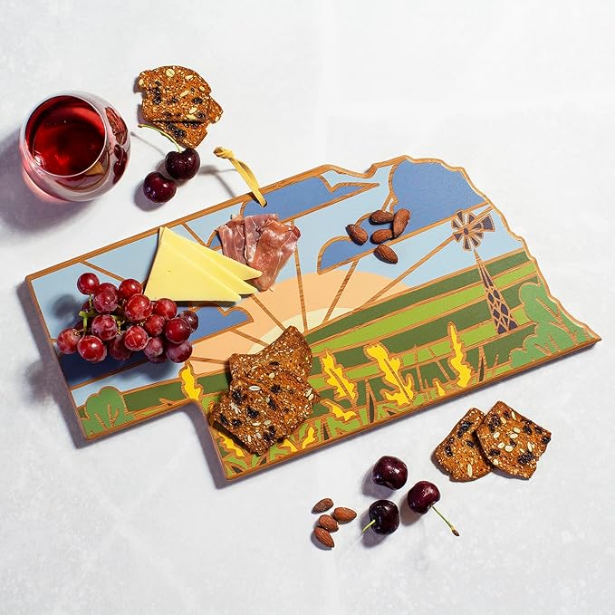 Totally Bamboo Nebraska State Shaped Cutting Board and Charcuterie Serving Platter with Artwork by Summer Stokes, Includes Hang Tie for Wall Display