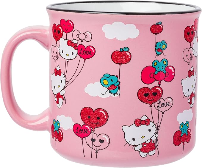 Silver Buffalo Sanrio Hello Kitty Red and Pink Heart, Bow, and Apple Balloons Glitter Pattern Featuring Joey the Mouse Ceramic Camper Mug, 20 Ounces