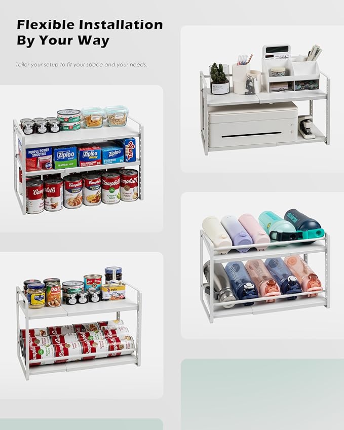 Expandable Adjustable 2-Tier Cabinet Shelf Organizer, White Metal Kitchen Pantry Countertop Storage Rack, Height Adjustable