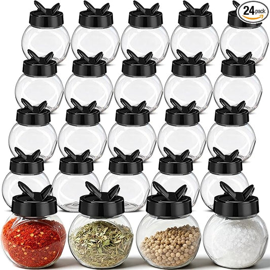 Zhehao 24 Pieces Plastic Spice Containers Plastic Spice Bottles Clear Reusable Large Empty Seasoning Jars with Shaker Lids for Kitchen Storage Seasoning Powder Herbs (7 oz,Flat Round,Clear and Black)