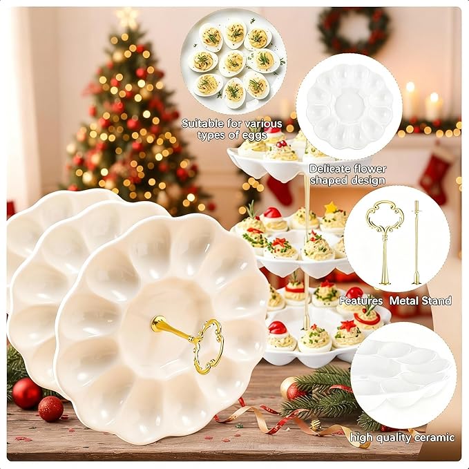 3 Tier Ceramic Easter Deviled Egg Platter 36 Hole Deviled Egg Tray Container, Detachable Eggs Holder Tower for Easter Party Food Container for Kitchen Countertop Microwave Dishwasher Freezer