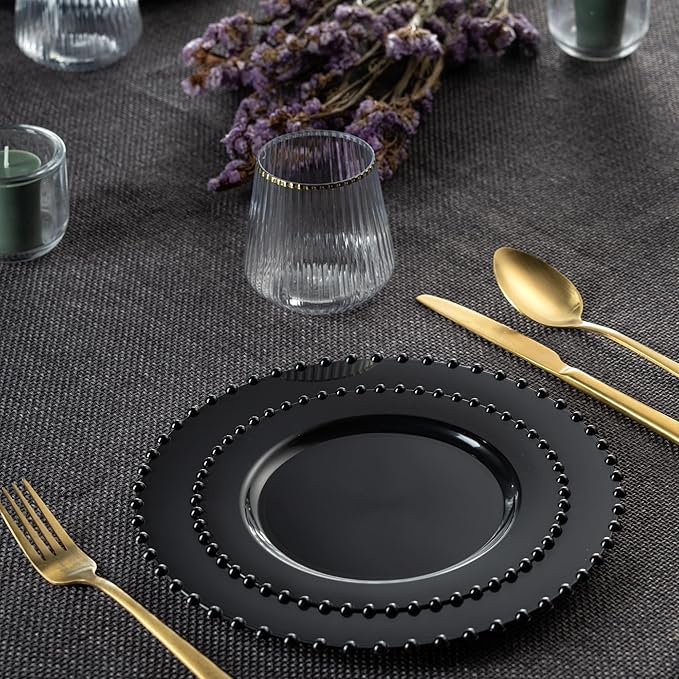 PLASTICPRO 64 Piece Combo Plastic Dinner Plates Disposable Plastic Fancy Heavy Duty Party Dishes 7 inch and 10 inch, Black Beaded