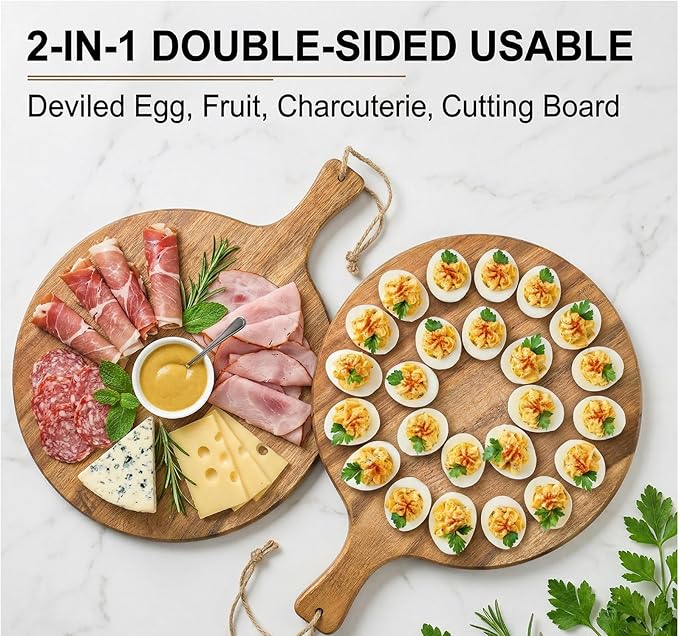 Okllen 24 Holes Round Acacia Wood Deviled Egg Platter with Handle, Deviled Egg Tray Holder for Easter, Gathering, Thanksgiving & Parties