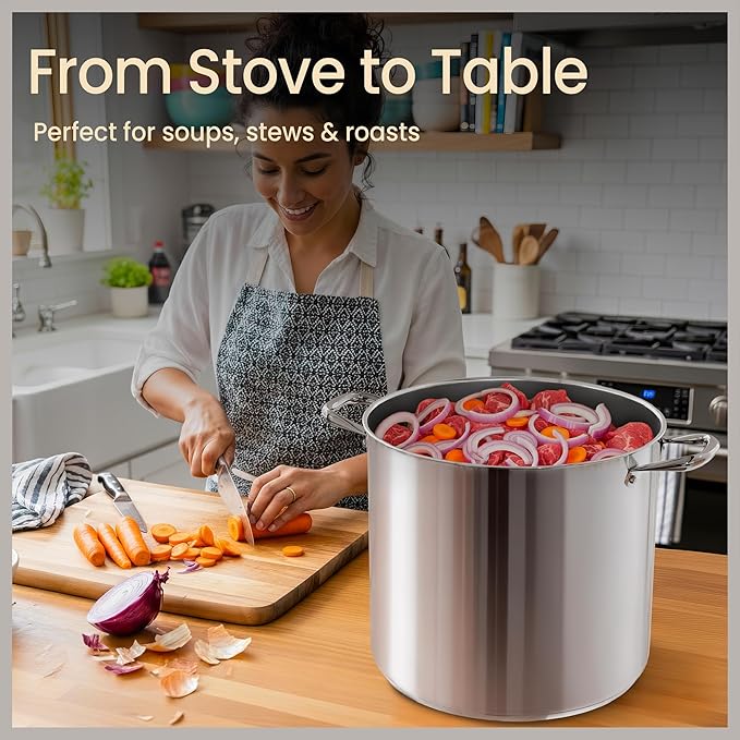 Stainless Steel Stockpot with Tempered Glass Lid 24 Quart, Durable 18/0 Stainless Steel, Impact-Bonded Base for Even Heating, Riveted Handles, Oven & All Stove Compatible, Safe Up To 500°F (260°C)