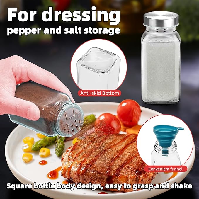 6Pcs 6oz Glass Spice Jars 304 Stainless steel Lids with Shaker Lids, Spice Jars Trial Set & Supplement Set, Empty Spice Containers and Square Spice Bottles for Kitchen (6)