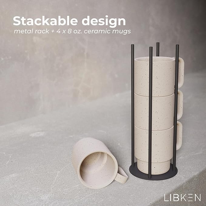 Stackable Coffee Mug Set with Black Stand - 4x8oz Ceramic Mugs with Unique Sprinkled Optics - Powder Coated Metal Rack - Dishwasher-Safe - Microwave & Oven - Scandinavian Minimal Design