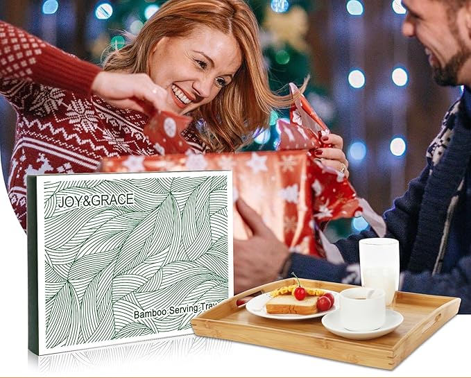 Joy&Grace Bamboo Serving Tray with Handles, Dinner Food Tray for Bed Breakfast Eating and Serving, for Coffee Table Ottoman TV, Decorative Wood Large Charcuterie Platter 16.8 x 12.5 inch 1 Pack