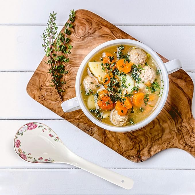 Big Porcelain Spoon Bone china Large Porridge Spoons White Ceramic Flatware Soup Spoons Long Handled Flower Pattern Scoop(Flower Pattern)