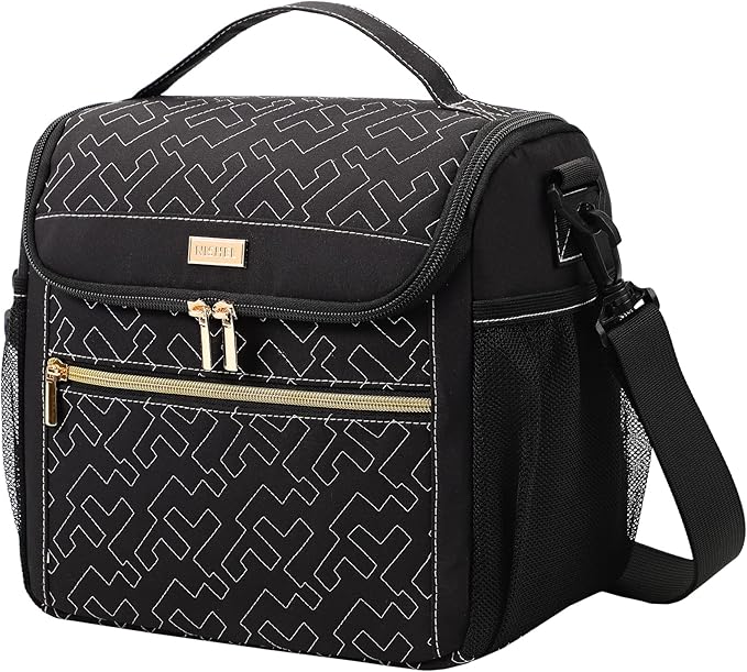 NISHEL Lunch Bag for Women, Portable Insulated Meal Box with Shoulder Strap, Resuable Leakproof Cooler Case for Work, Black