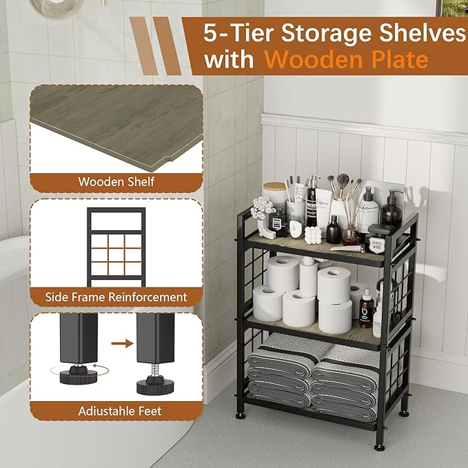 GIOTORENT 3-Tier Pantry Shelves with Wooden Boards, Heavy Duty Storage Shelves & Book Shelf, Adjustable Metal Shelving Unit for Kitchen Bathroom Laundry Organizer, Sturdy Rust-Resistant, Black