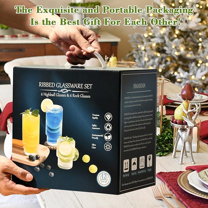 Small Ribbed Glassware Set of 12, Glass Cups 12 oz and 7 oz, Fluted Glassware, Stackable Glasses, Cups for Kitchen, Gift Box Set