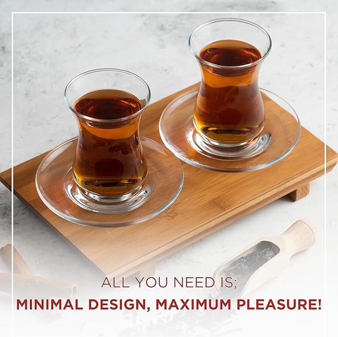 ums Turkish Tea Glass Set, Slim Waist Design and Thick Sole Prevent Tea From Getting Cold, Easy to Keep for 12 People, 12 Saucers, 12 Glasses, Useful Set (24 Pieces)