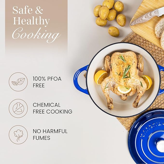 Cast Iron Dutch Oven with Lid – Non-Stick Ovenproof Enamelled Casserole Pot – Sturdy Dutch Oven Cookware – Dark Blue, 7.3-Quart, 30cm – by Nuovva