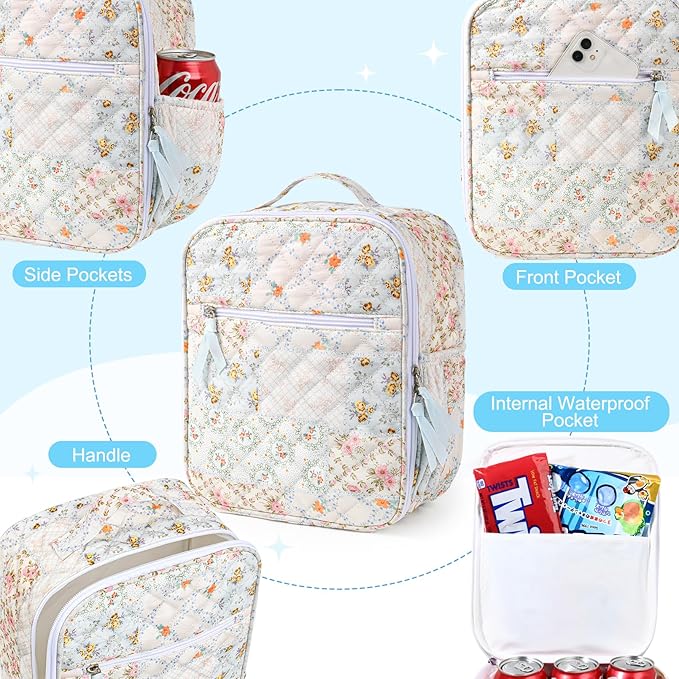 Aileam Lunch Box Lunch Bag for Women Cute Girls Insulated Womens Lunch Bag For Work Quilted Large Capacity Reusable Insulated Cooler for Work School Picnic Travel Patchwork Flowers
