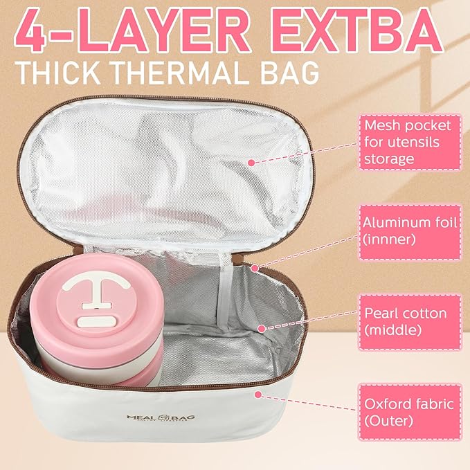 Dandat 4 Pcs Insulated Bento Box Portable Stainless Steel Food Container Round Stackable Leakproof Thermal Food Container for Adult Men Women with Insulated Bag, 74 oz (Pink)