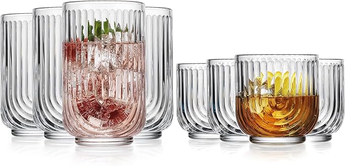 Glaver's 8-Piece Drinking Glass Set, Art Deco Ribbed Arch Glassware, Clear U-Shape Design, 17oz Highball and 11oz DOF Glasses Kitchen Glasses